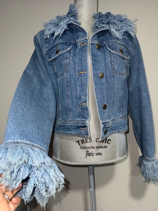 Moschino Jackets & Blazers - Vintage 1990sMoschino Light Blue Denim Cropped Jacket with Frayed Collar & Cuffs